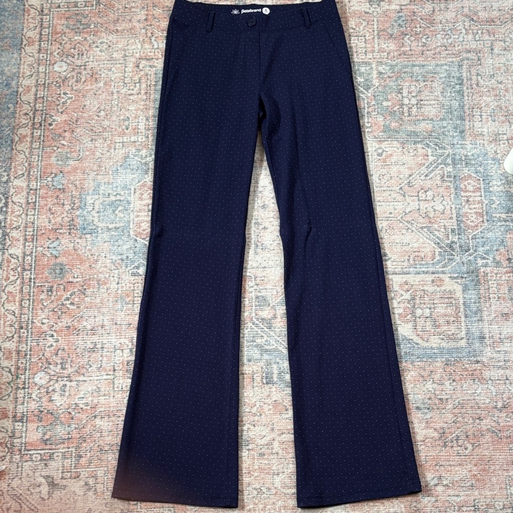 Betabrand Dress Pant Yoga Pant Navy Pants with Polka Dots Size Medium Long